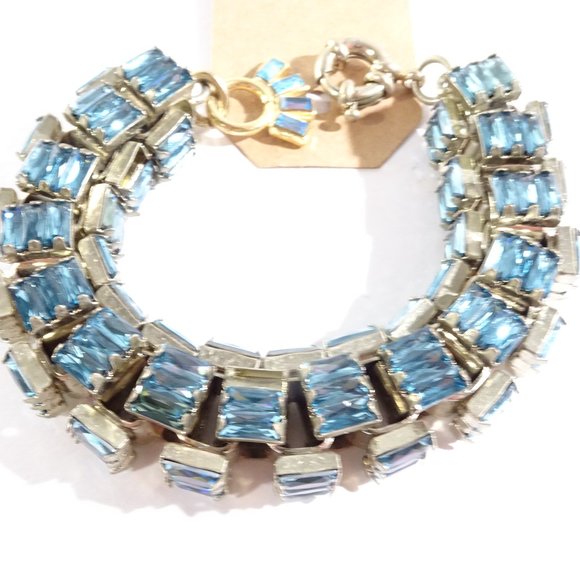 Lee Angel Crystal baguette Box Link Bracelet Blue Brass NWT 240 - Picture 2 of 7